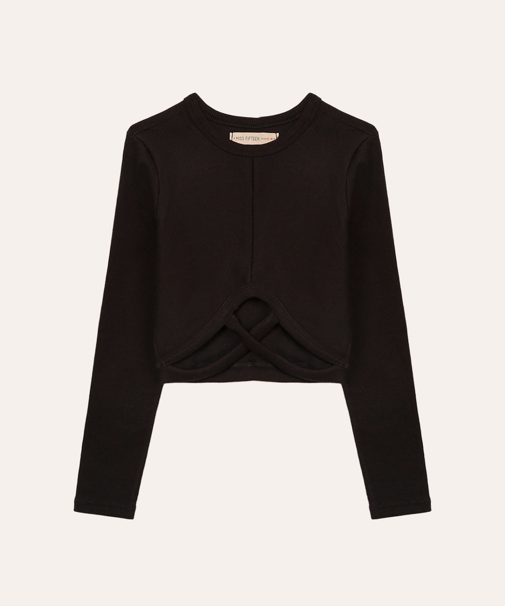 blusa juvenil canelada manga longa preta