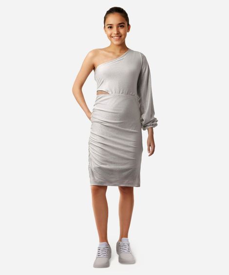 vestido juvenil ombro único com brilho off white