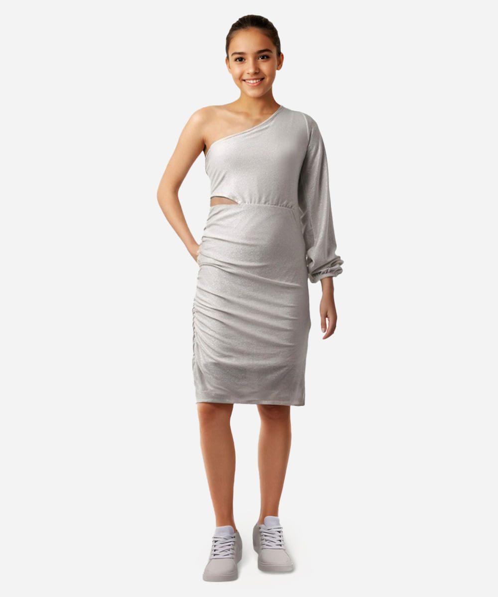 vestido juvenil ombro único com brilho off white