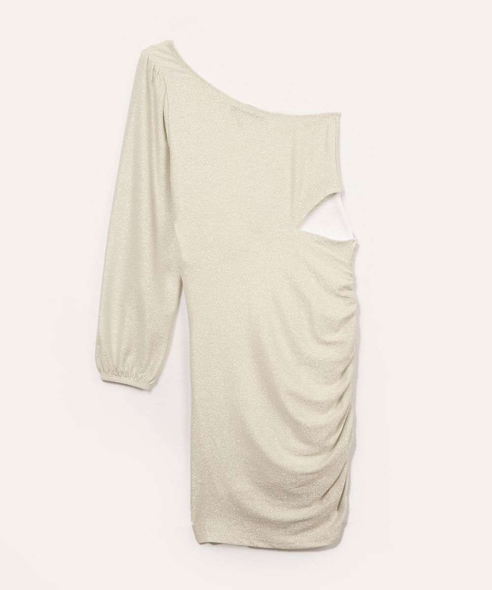 vestido juvenil ombro único com brilho off white