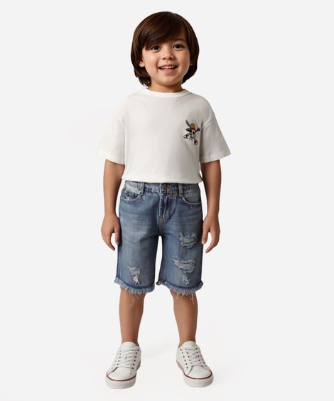 bermuda jeans infantil destroyed com bolso azul