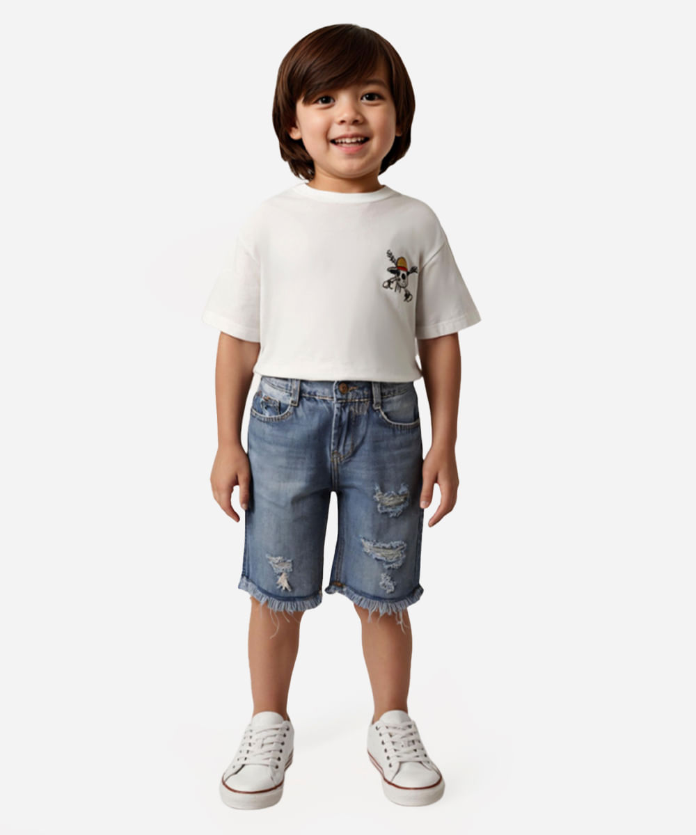 bermuda jeans infantil destroyed com bolso azul