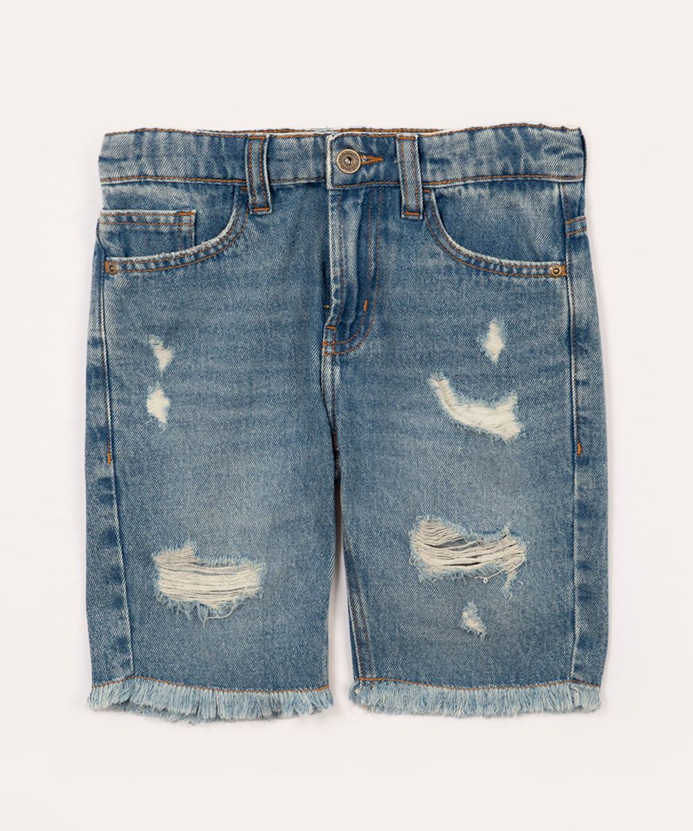 bermuda jeans infantil destroyed com bolso azul