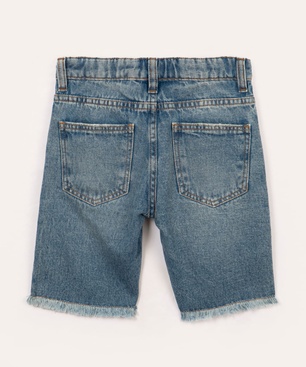 bermuda jeans infantil destroyed com bolso azul