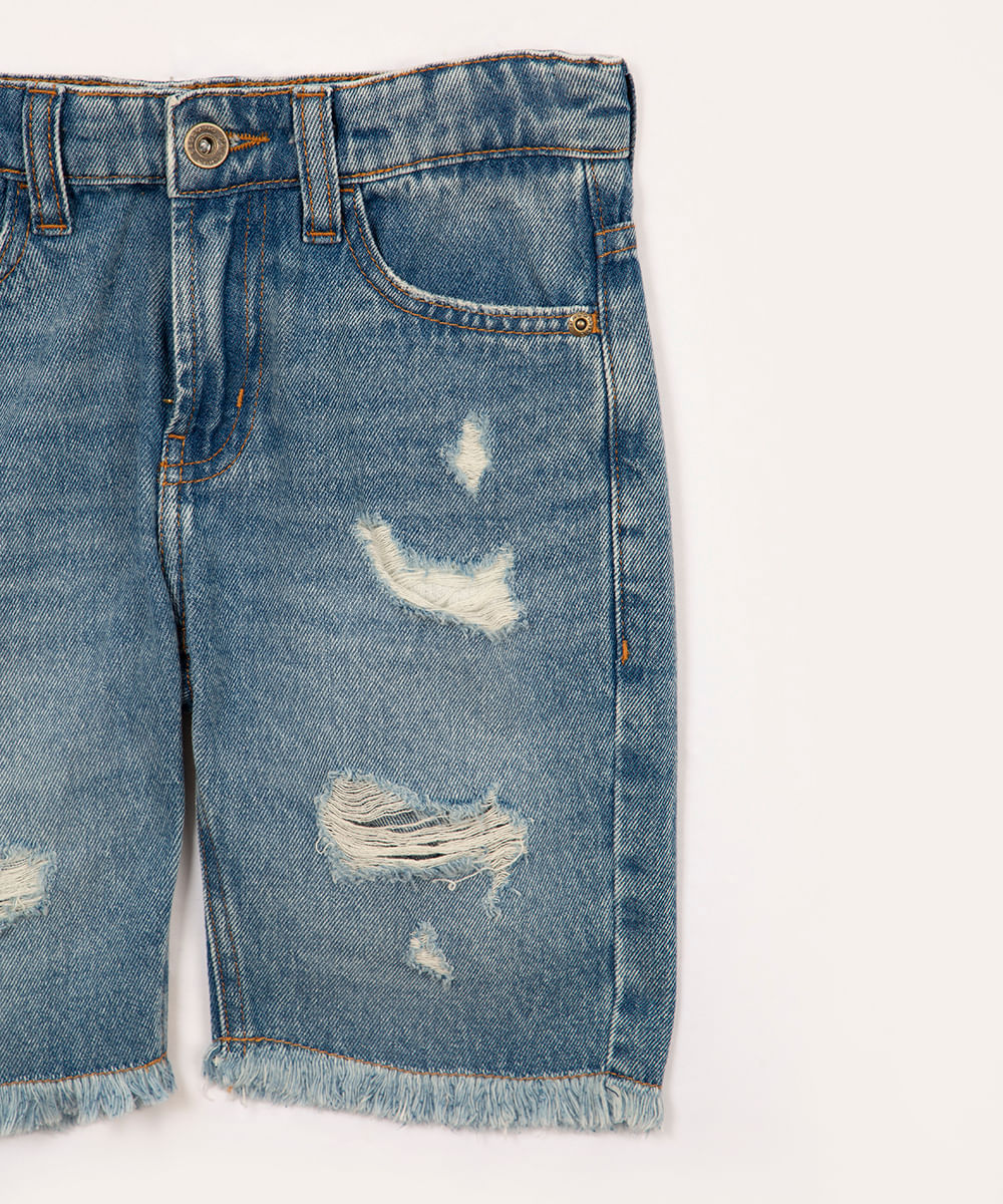bermuda jeans infantil destroyed com bolso azul