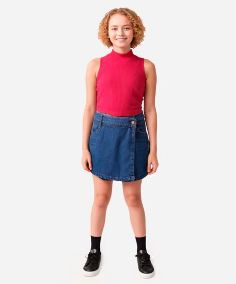 short saia jeans juvenil transpassado azul