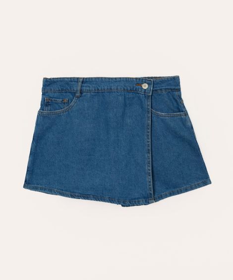 short saia jeans juvenil transpassado azul