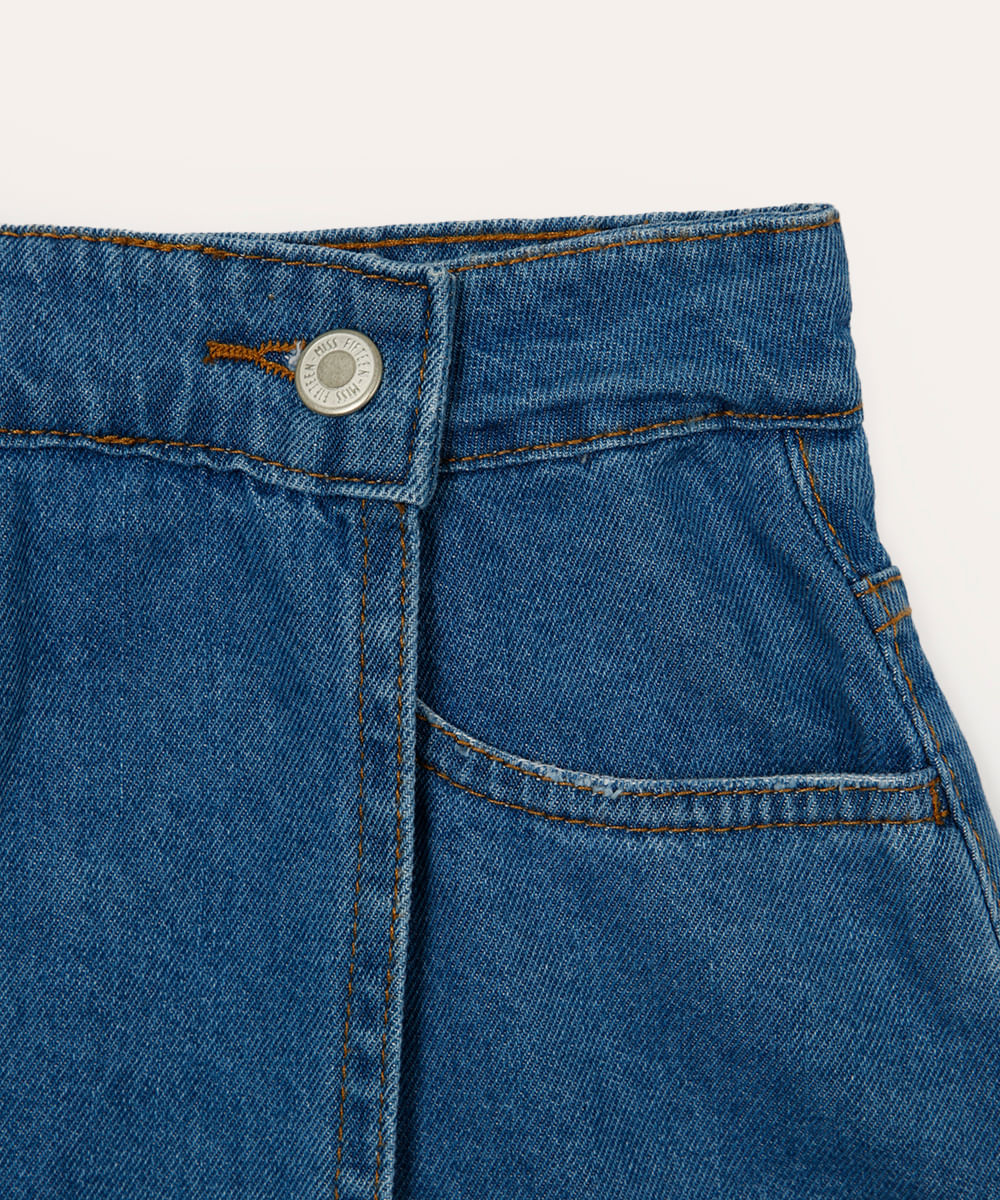 short saia jeans juvenil transpassado azul