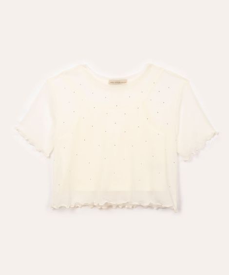 blusa de tule juvenil com brilho manga curta off white
