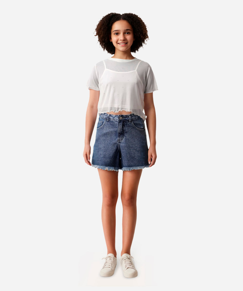 blusa de tule juvenil com brilho manga curta off white