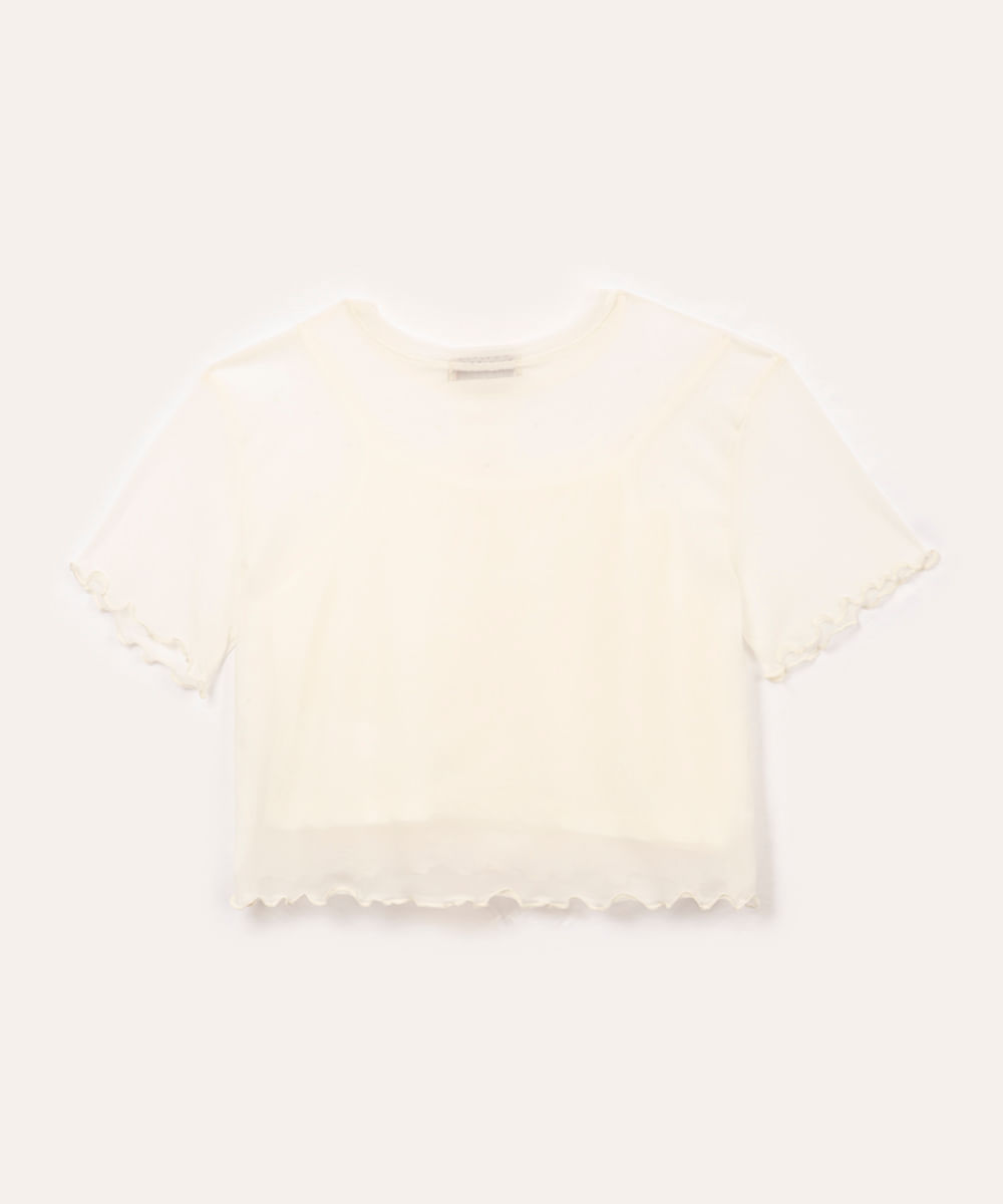 blusa de tule juvenil com brilho manga curta off white