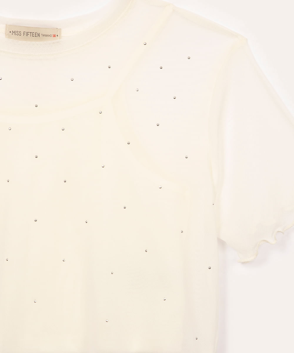 blusa de tule juvenil com brilho manga curta off white