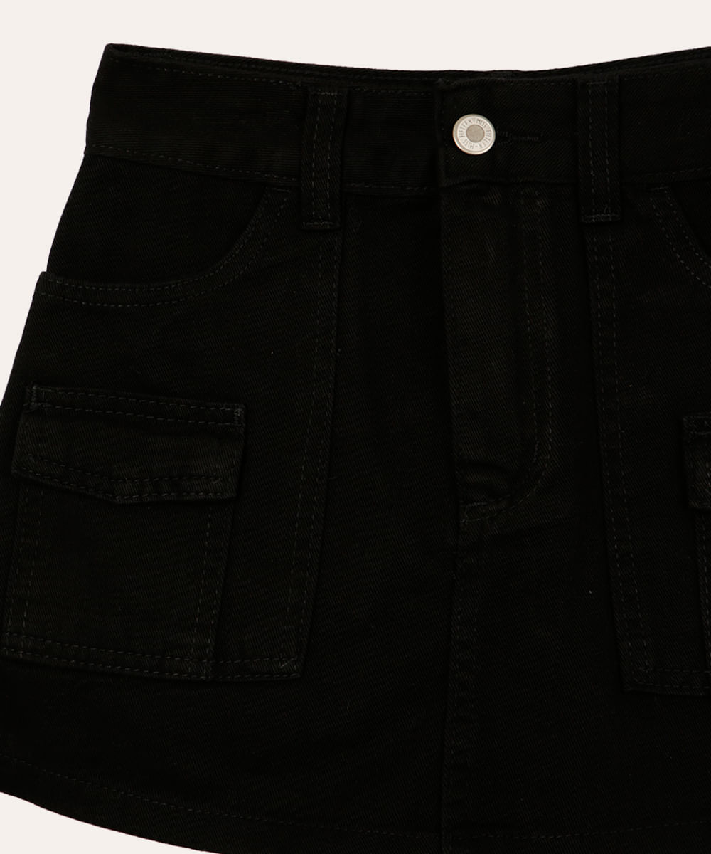 short saia juvenil de sarja cargo preto