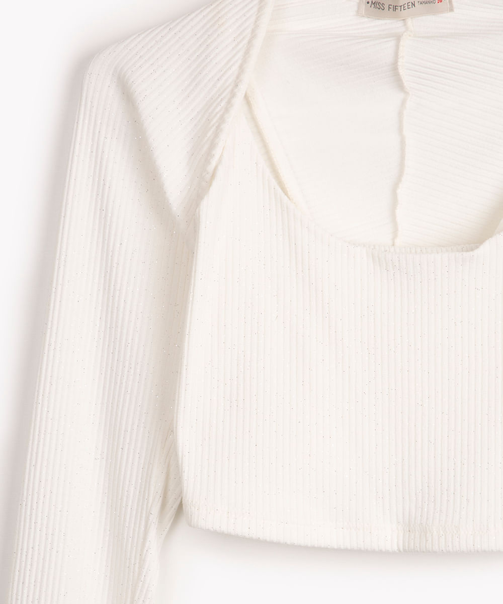 conjunto juvenil top e bolero manga longa off white