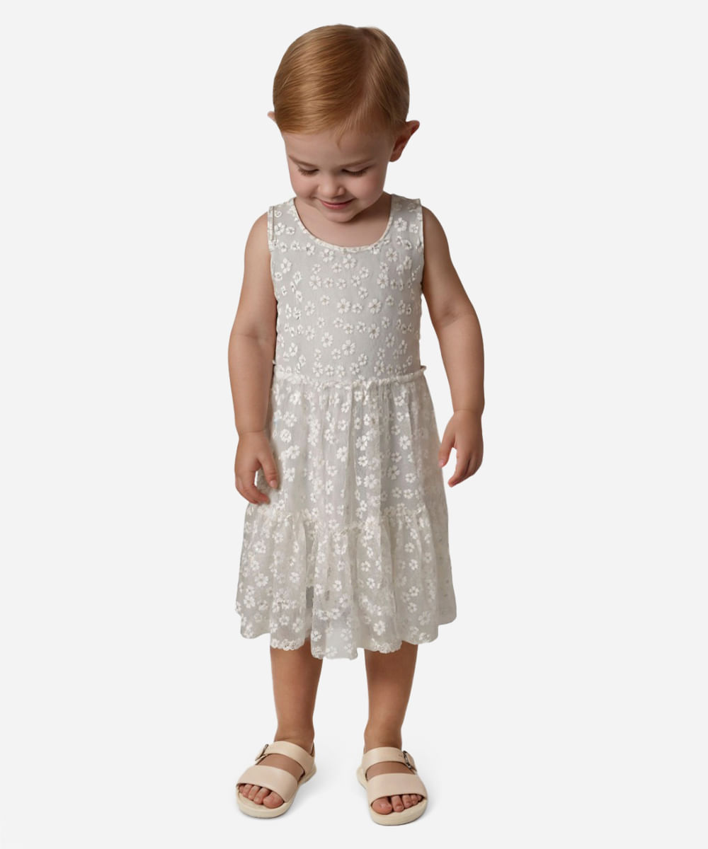 vestido infantil de tule sem manga com bordado floral off white