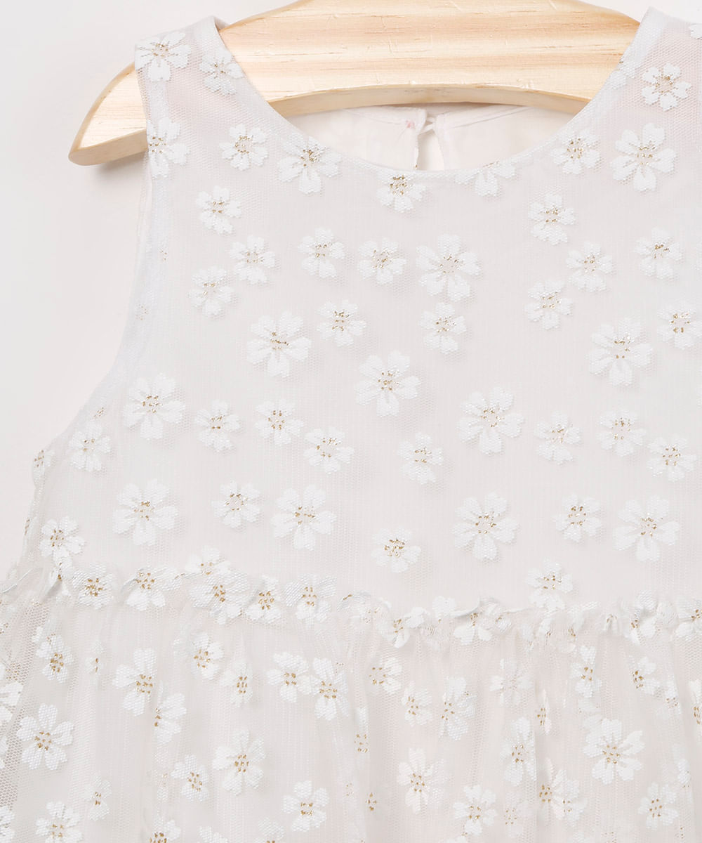 vestido infantil de tule sem manga com bordado floral off white