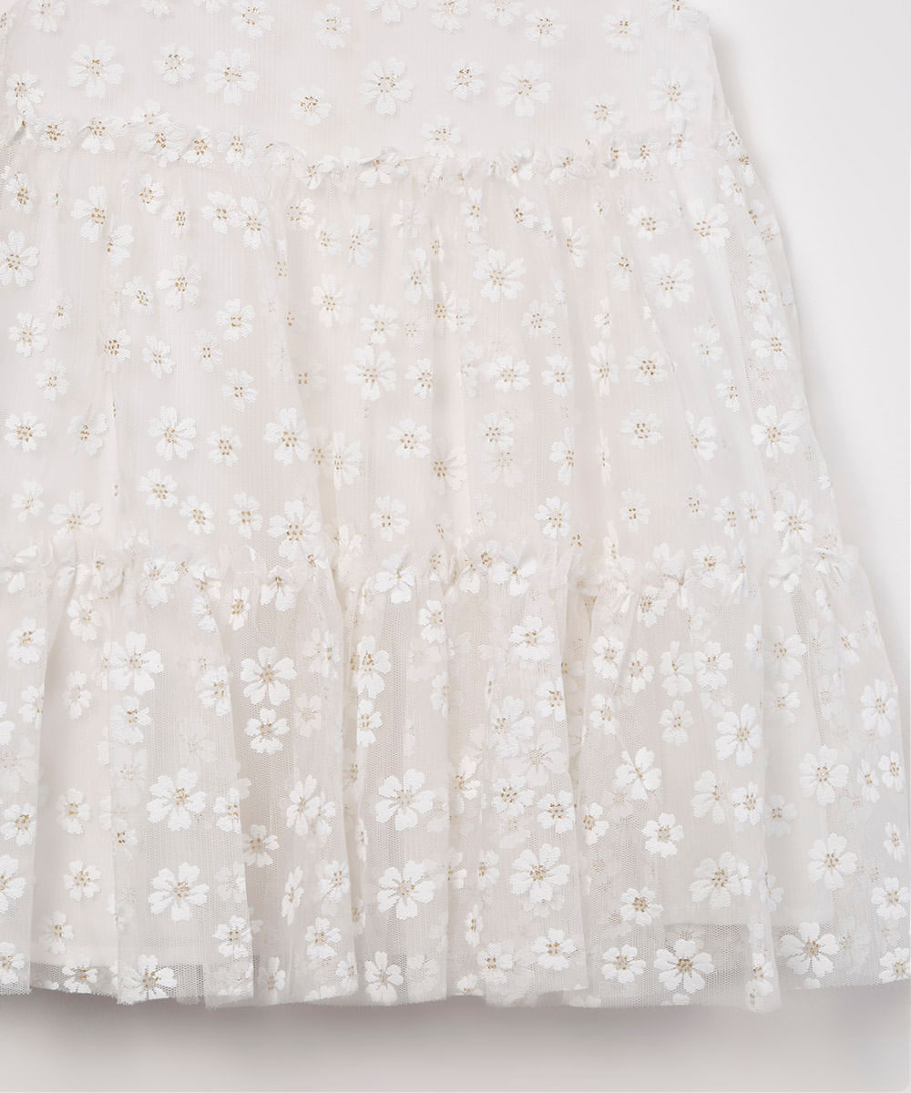 vestido infantil de tule sem manga com bordado floral off white