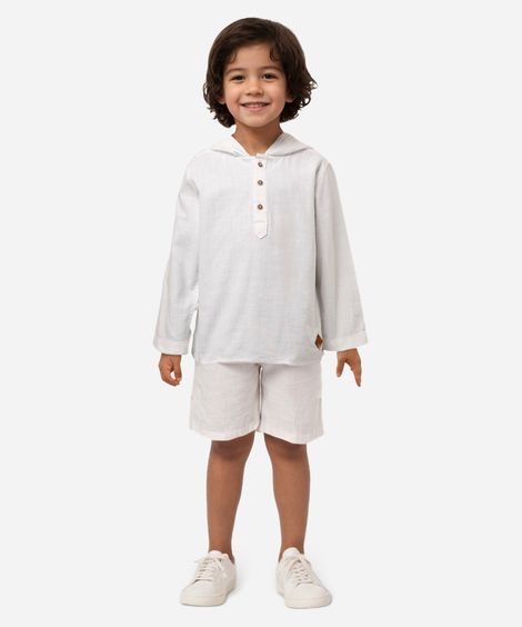 camisa infantil de algodão manga longa gola v com capuz off white