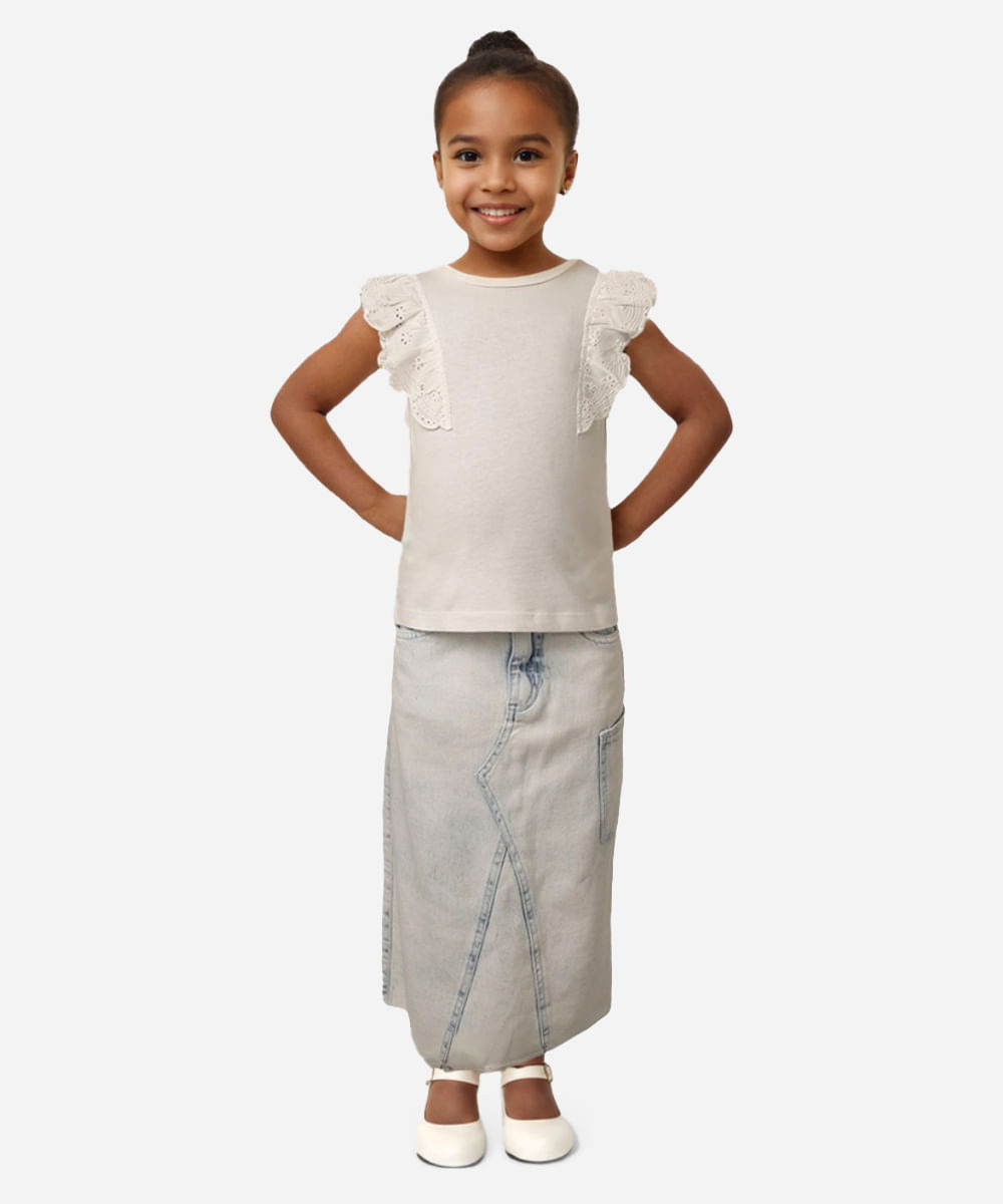 blusa de algodão infantil com babado em laise branco