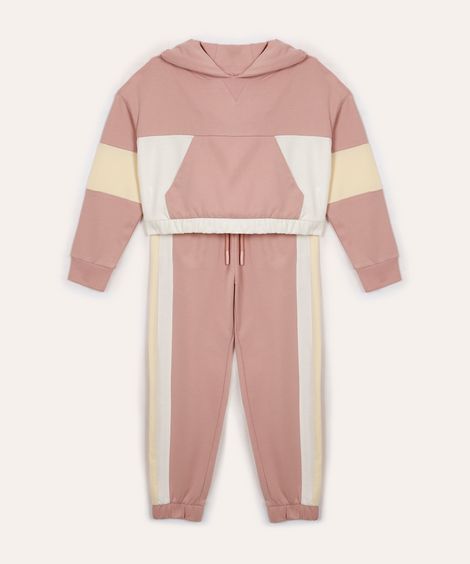 conjunto de moletom infantil com recortes e capuz rosa