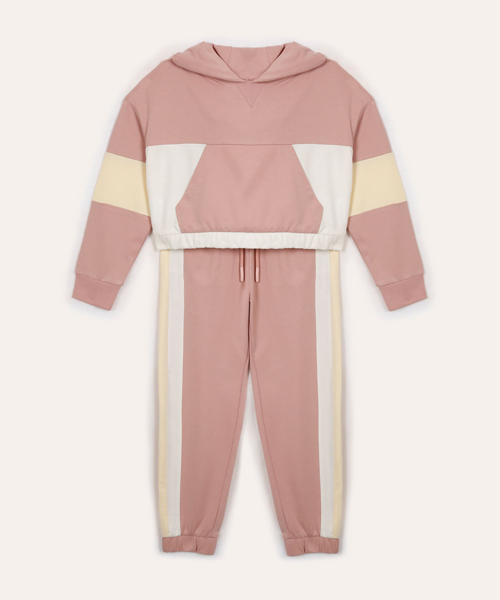 conjunto de moletom infantil com recortes e capuz rosa