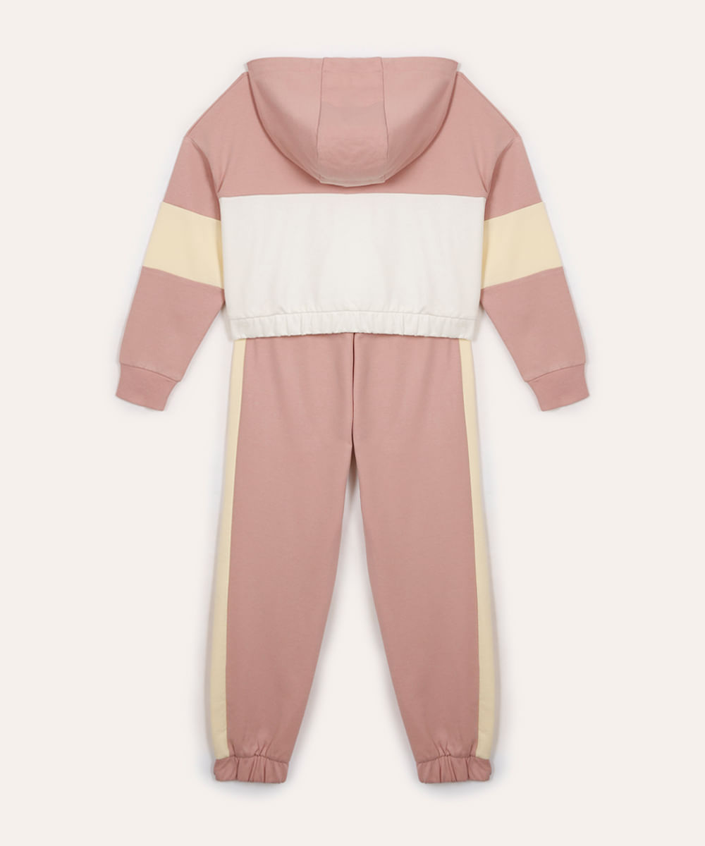 conjunto de moletom infantil com recortes e capuz rosa