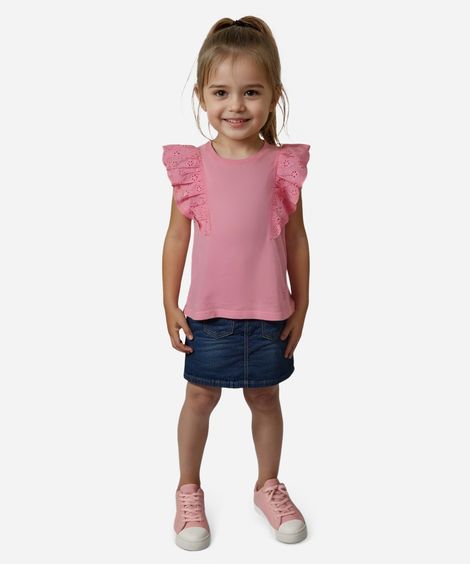 blusa de algodão infantil com babado de laise rosa