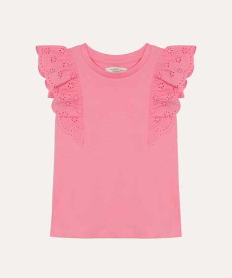 blusa de algodão infantil com babado de laise rosa