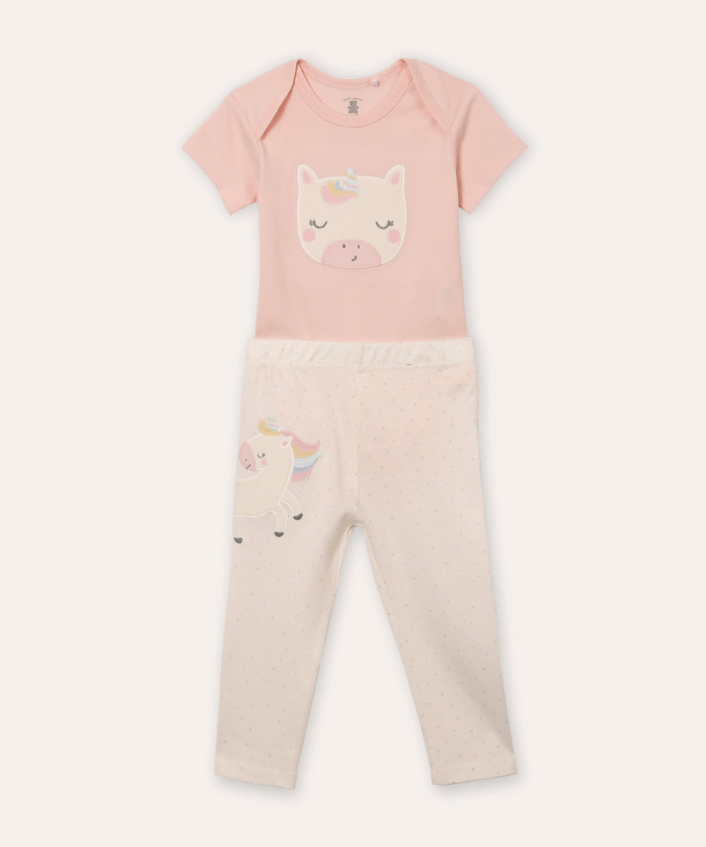 conjunto longo infantil de algodão unicórnio rosa