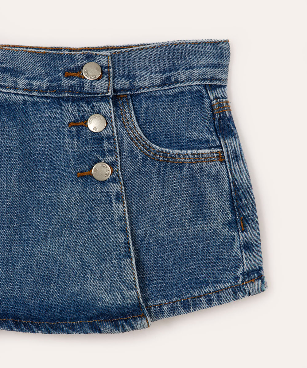 short saia jeans infantil com botões azul