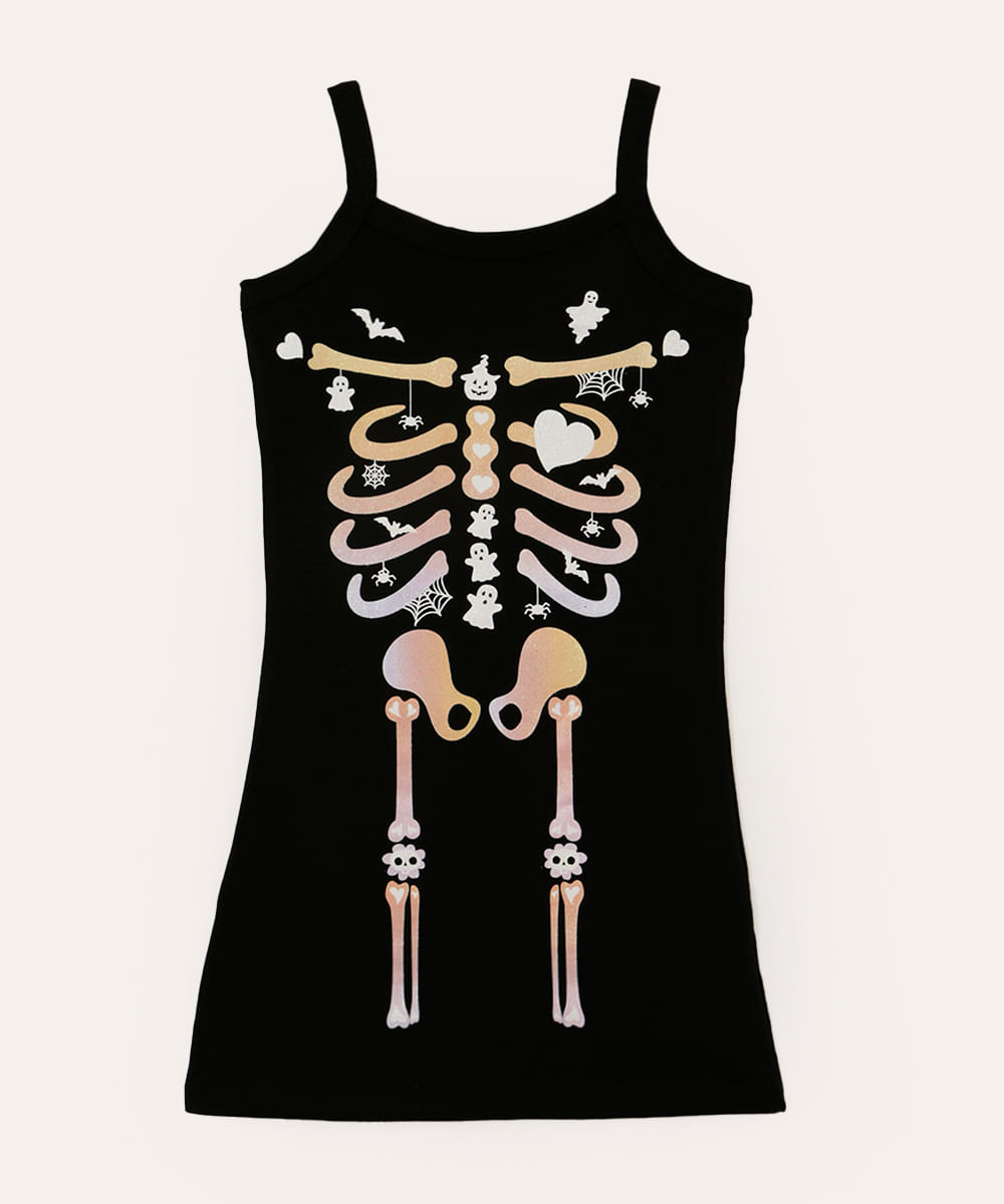 vestido midi de tule infantil manga curta esqueleto preto
