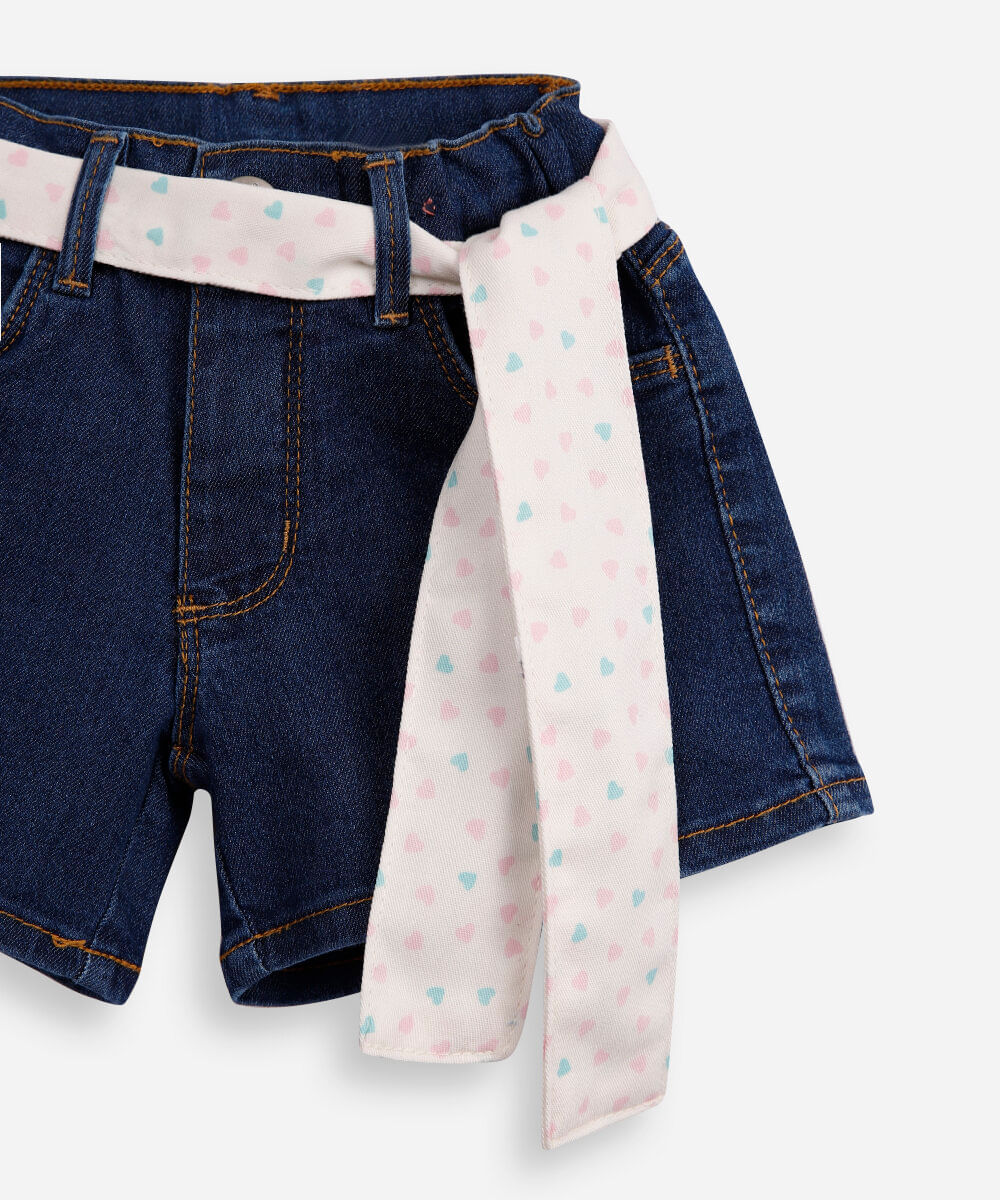 short clochard infantil jeans com cinto faixa azul