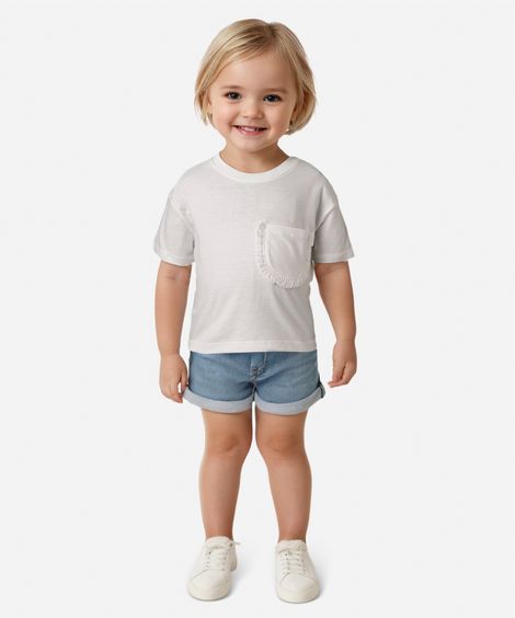 camiseta de algodão infantil bolso com babado off white