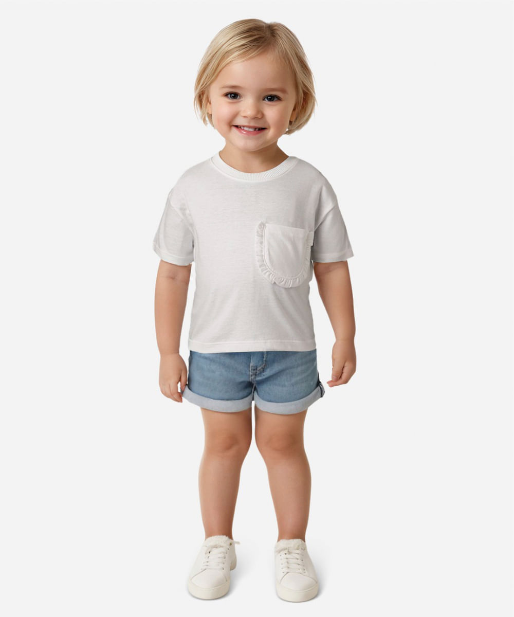camiseta de algodão infantil bolso com babado off white
