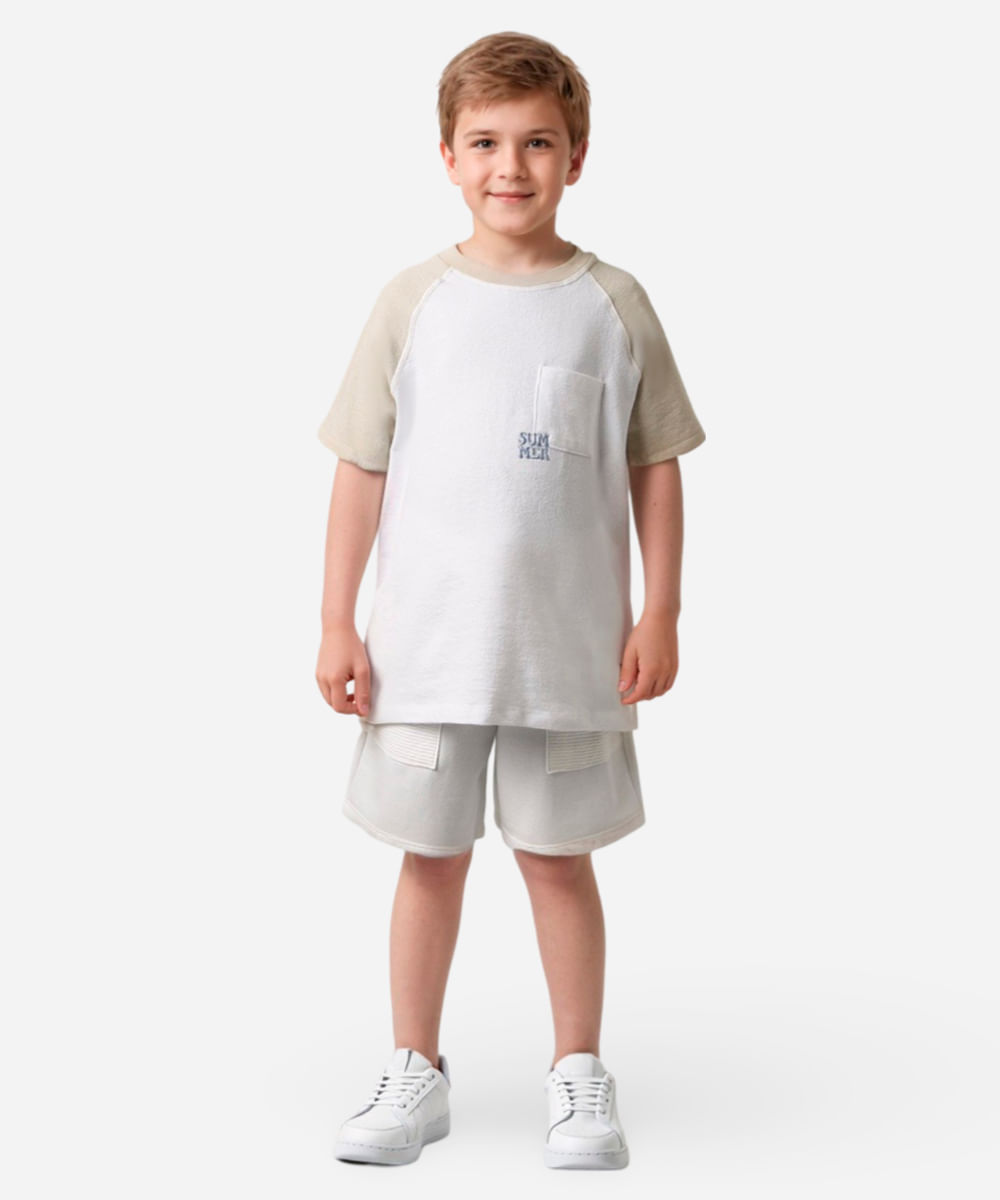 camiseta de algodão manga raglan texturizada off white