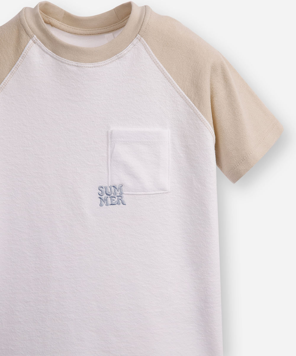 camiseta de algodão manga raglan texturizada off white