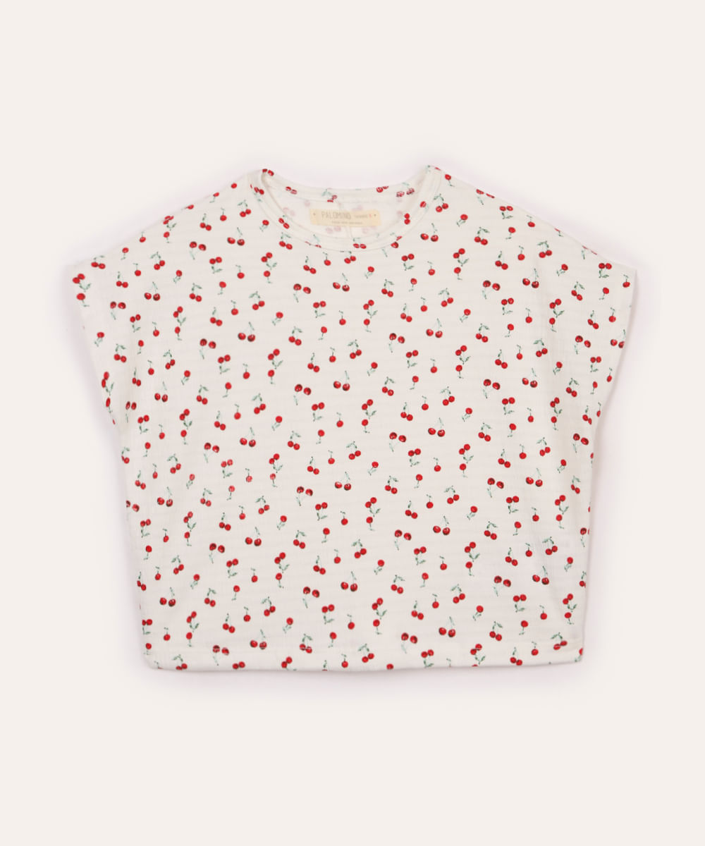 camiseta infantil manga curta cerejinhas off white