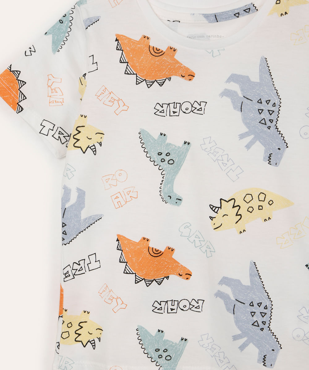 camiseta de algodão infantil manga curta dinossauros off white