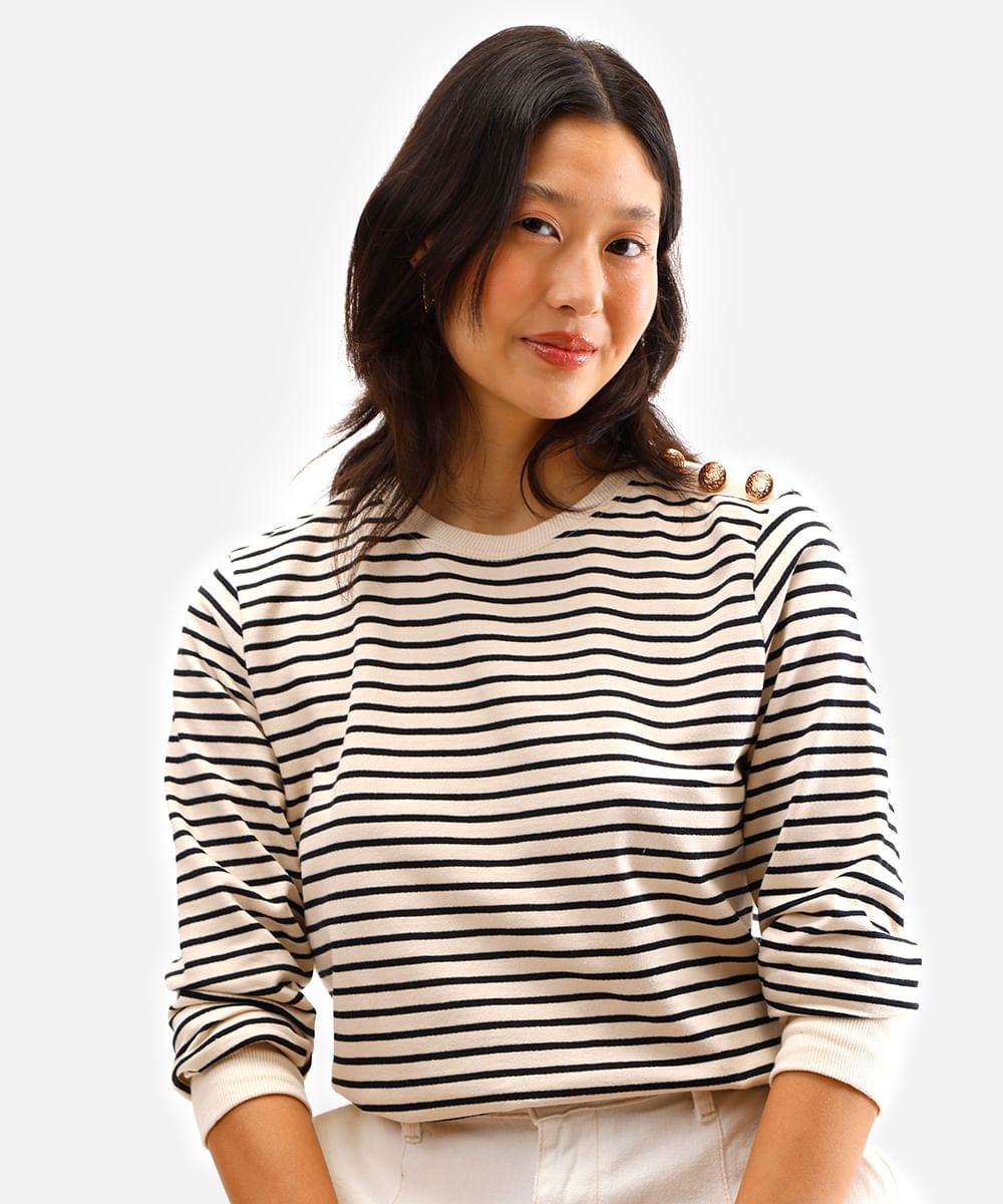 blusa feminina de moletom listrada bege