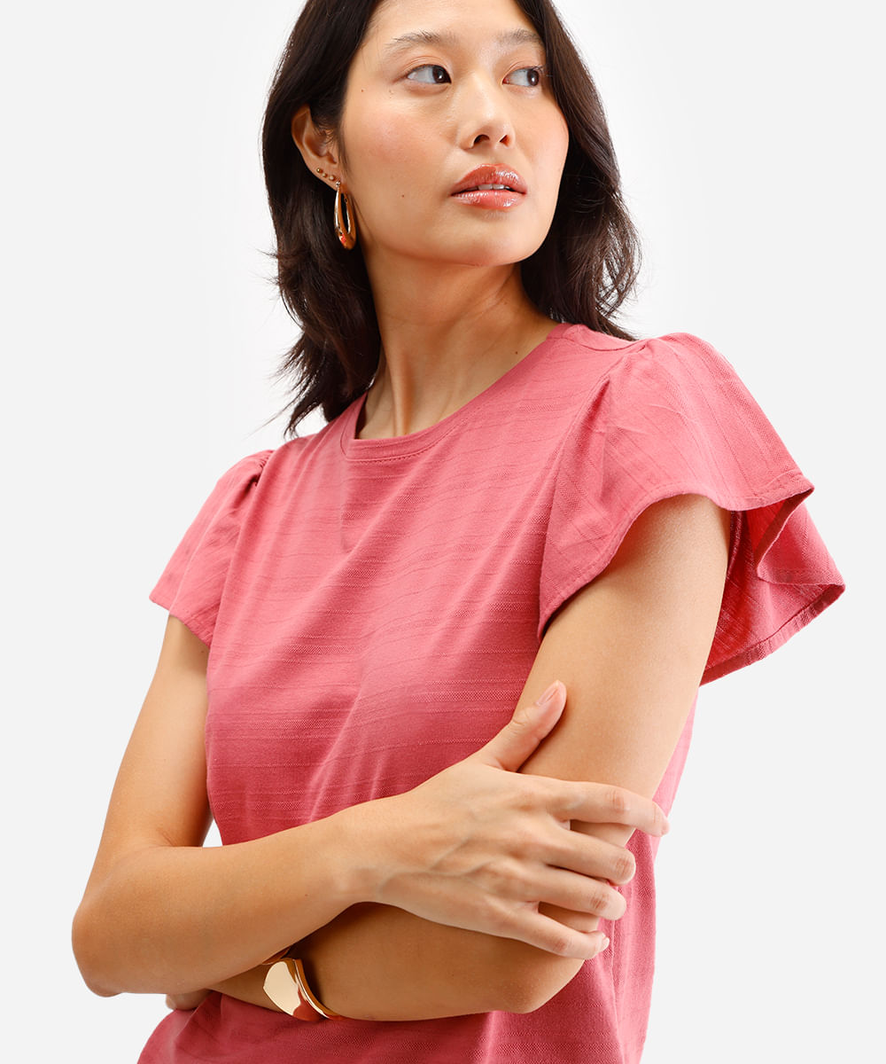 camiseta de algodão manga curta bufante texturizada rosa