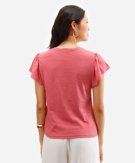 camiseta de algodão manga curta bufante texturizada rosa