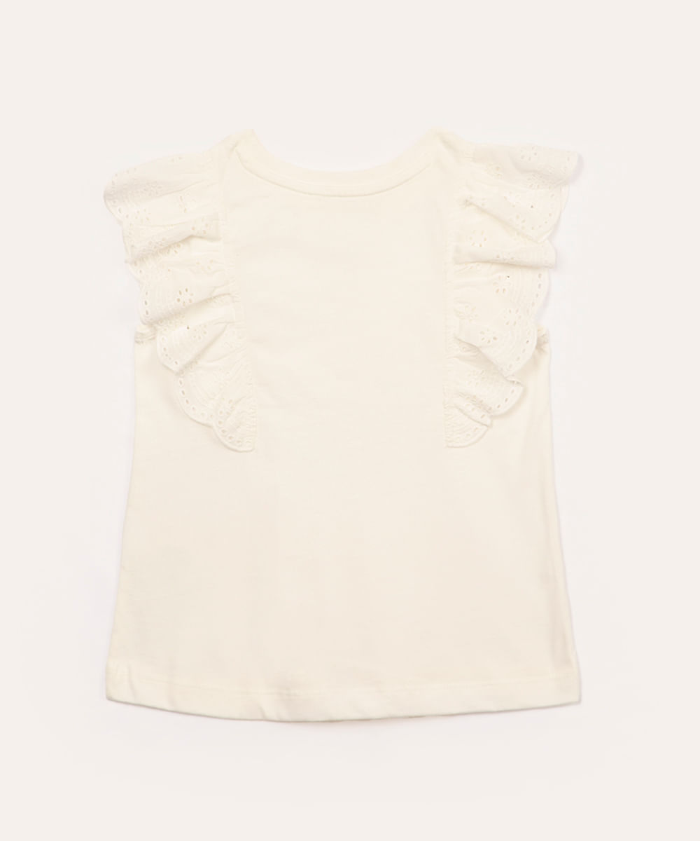 blusa de algodão infantil com babado de laise off white