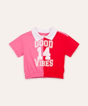 blusa de algodão infantil college com paetê gola esporte manga curta rosa