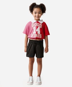 blusa de algodão infantil college com paetê gola esporte manga curta rosa