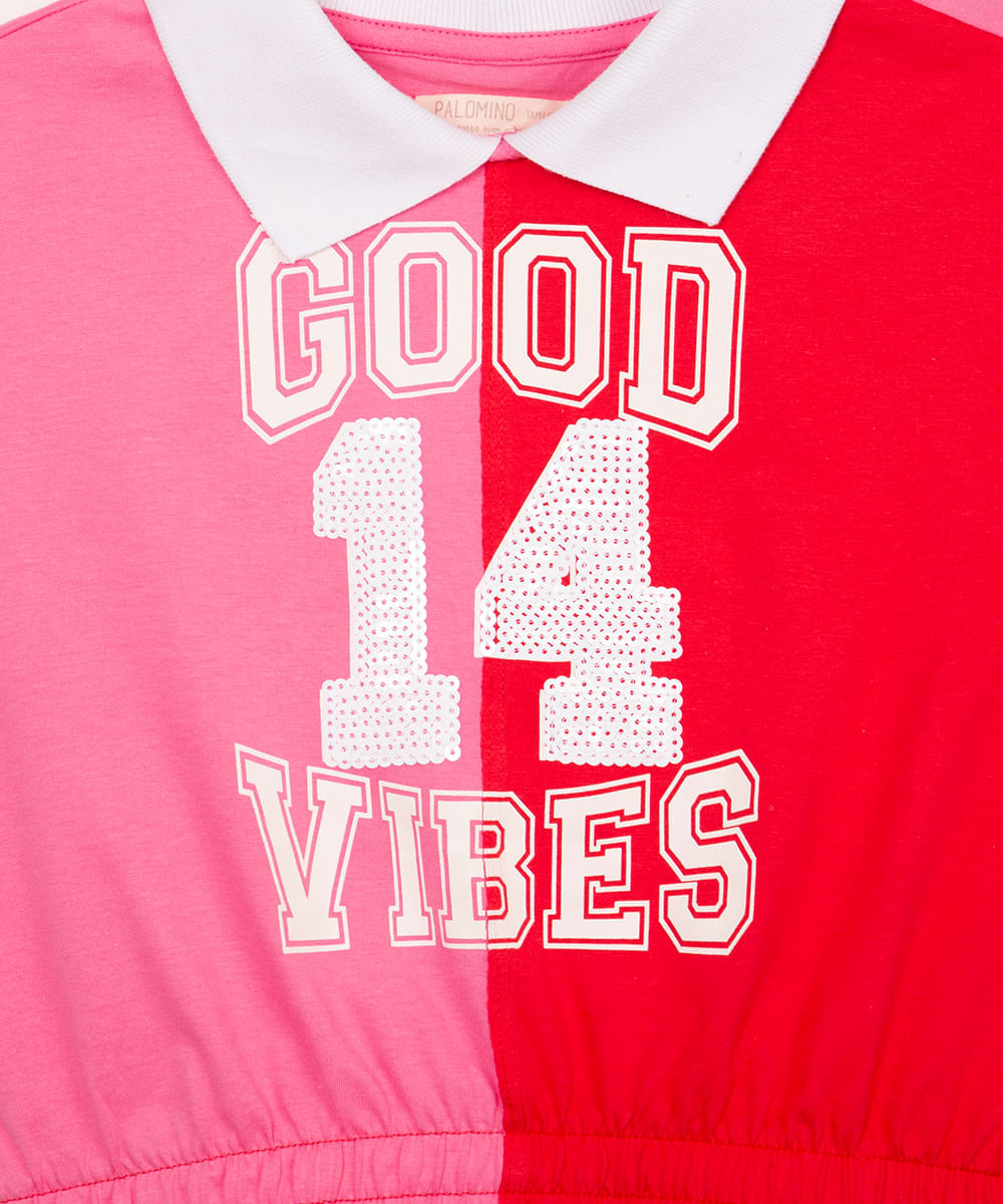 blusa de algodão infantil college com paetê gola esporte manga curta rosa