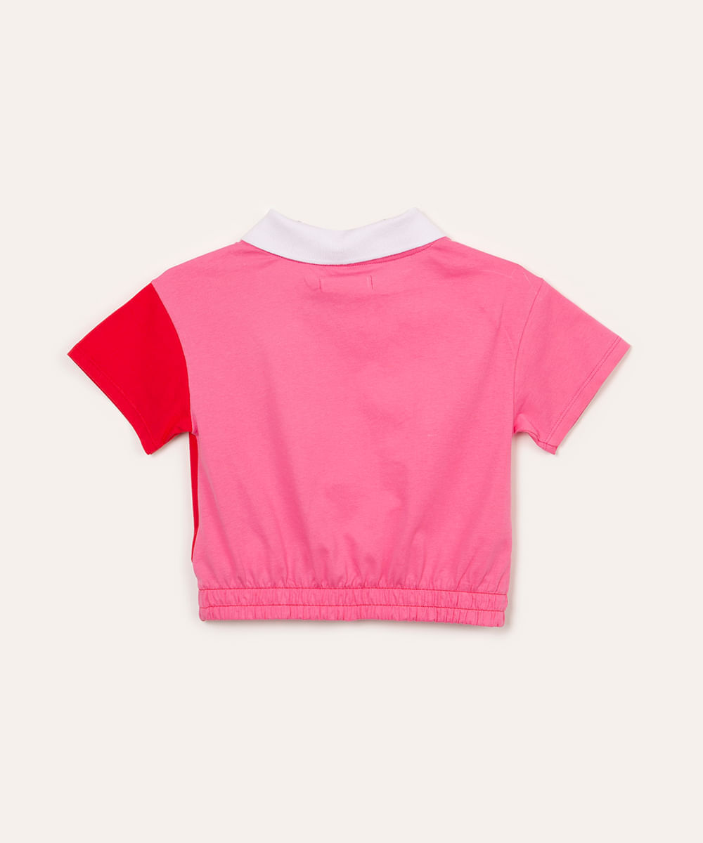 blusa de algodão infantil college com paetê gola esporte manga curta rosa