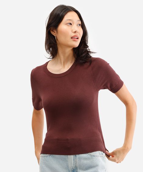 blusa cropped de tricot manga curta vermelho - marrom