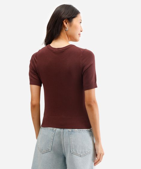 blusa cropped de tricot manga curta vermelho - marrom
