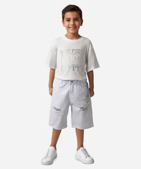 camiseta infantil de algodão one piece holográfica off white