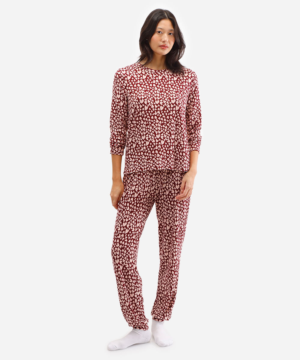 pijama longo mini corações vinho